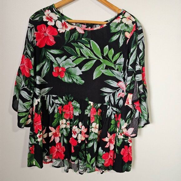 NEVER WORN MY STORY FLORAL SUMMER FOLIAGE BABYDOLL TOP LOOSE FITTING SIZE SMALL - Picture 2 of 14
